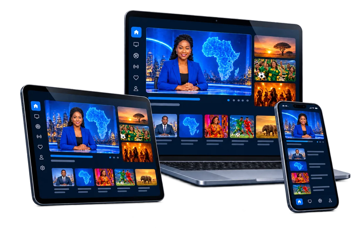AfriCast displayed on a laptop, tablet and phone